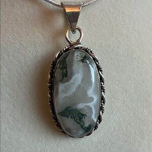 Moss Agate Pendant Silver Overlay Necklace 22” chain NEW